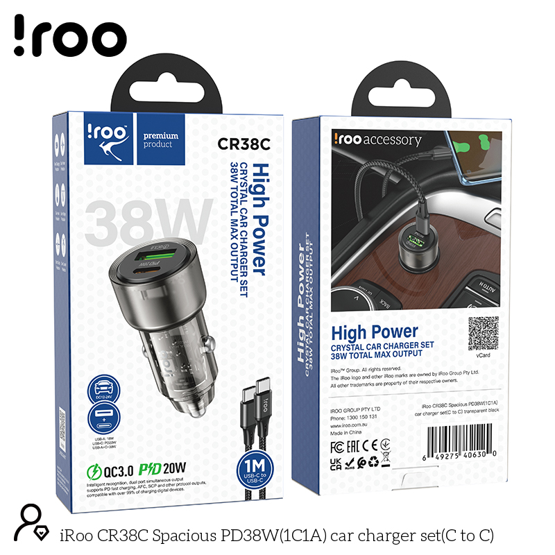 iRoo CR38C | Fast 38W Dual Ports (1xC/1xA) Car Charger with USB C-C Cable