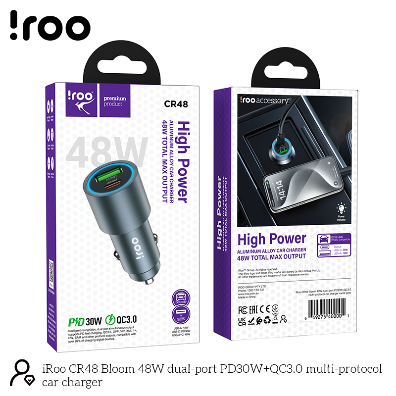 iRoo CR48 | Fast 48W Dual Port PD30W+QC3.0 Multi-Protocol car charger