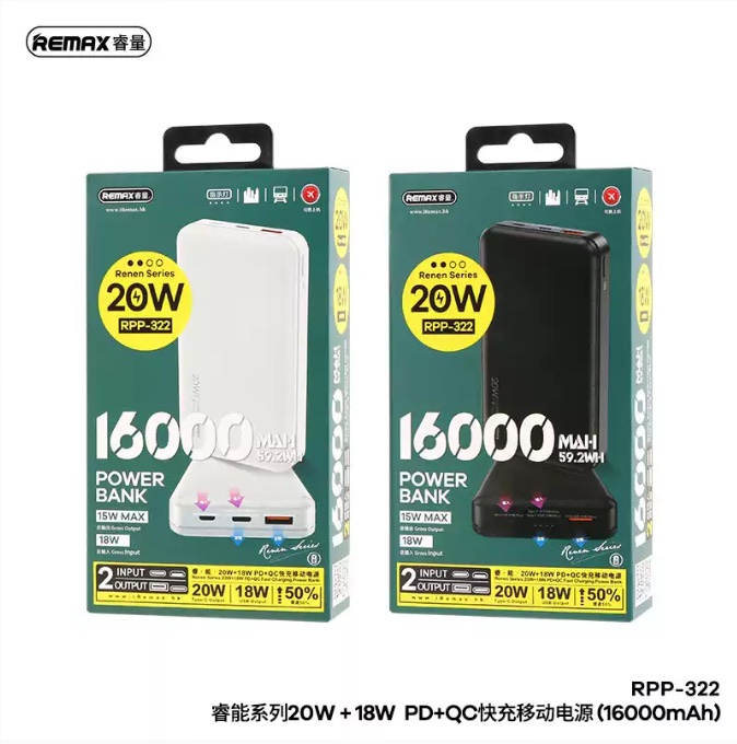 REMAX RPP-322 | 16,000mAh dual Ports (20Wx USB-C, 18WxUSB QC) Powerbank