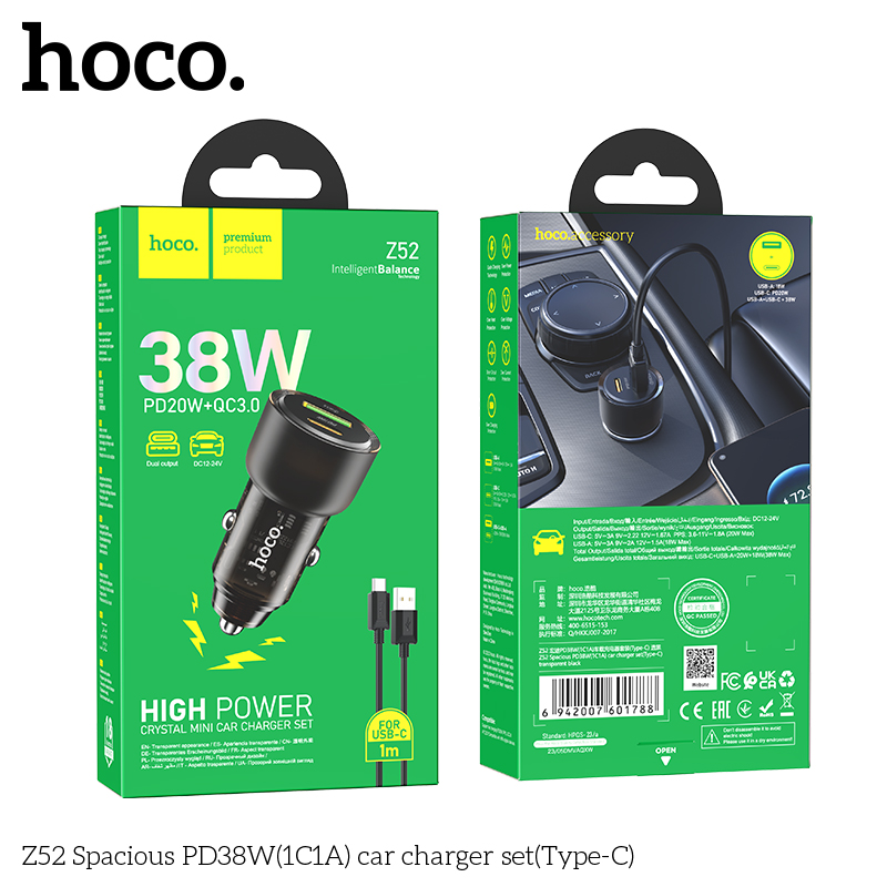 HOCO Z52 Spacious | PD38W(1C1A) car charger /w Cable Type-C [GREEN BOX] / Replaced by iRoo CR38C