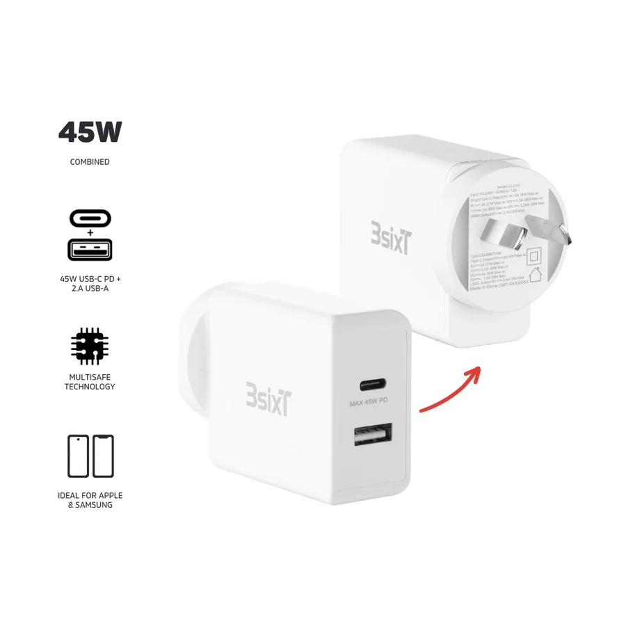 3sixT Wall Charger ANZ 45W USB-C PD + 2.4A - White
